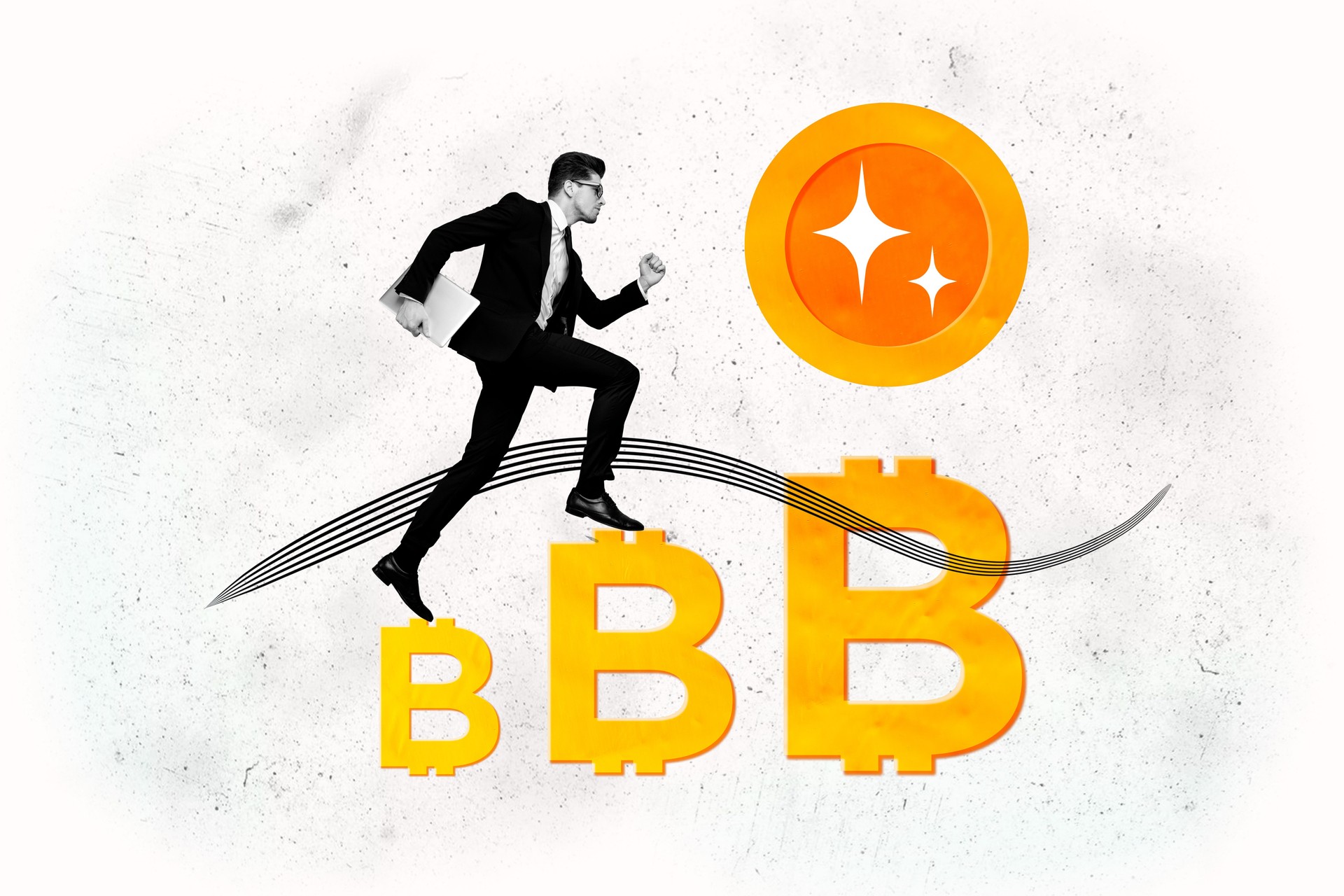 Composite photo collage of serious man run hold macbook chart promotion bitcoin gold crypto money trade nft isolated on painted background